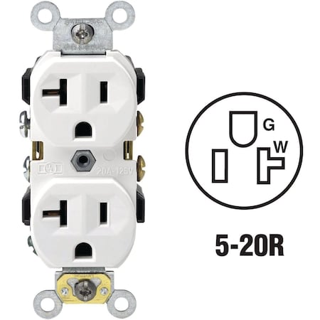 Leviton Straight Blade Receptacle, 5-20R, 20 A, 125V AC, 2 Pole, 3 Wire, Self-Grounded S02-CR20-0WS